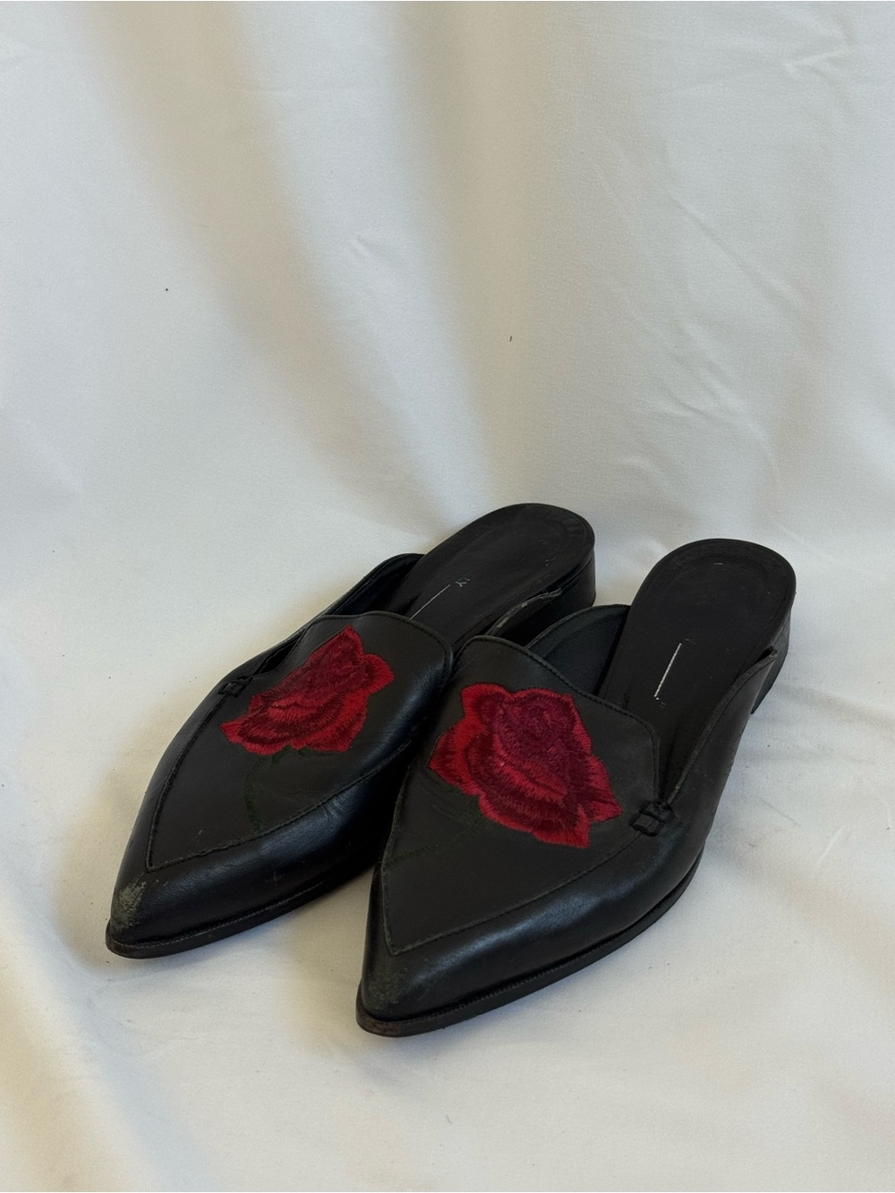 INTENTIONALLY BLANK Black Leather Pointed Slide Mules with Red Rose Appliqué